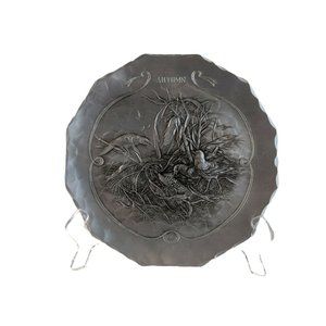 Natale Rossi Hammered Aluminum Plate Autumn 1983 Two Birds in Cornfield 8.25"